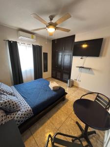 ein Schlafzimmer mit einem blauen Bett und einem Deckenventilator in der Unterkunft Habitacion Arboleda in Saltillo