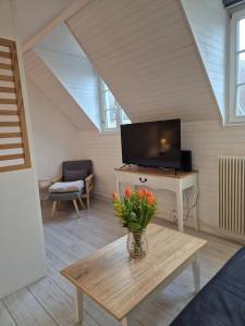a living room with a television and a vase of flowers on a table at Centre Chartres Parking privé Climatiseur in Chartres