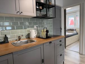 a kitchen with a sink and a counter top at Avar Inn in Tiszalök +14 photos