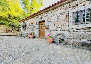 a stone building with a door and some potted plants at Moinho de Brião in Montalegre