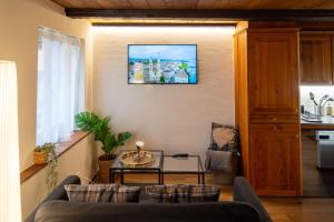 a living room with a couch and a table at MANY'S historical city central APARTMENTS in Zurich
