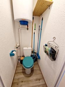a small bathroom with a toilet with a blue lid at Studio rénové avec terrasse, parking , proche pistes,Villard de Lans in Villard-de-Lans +11 photos
