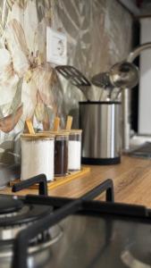a counter top with a stove and some pots and pans at Lumèra Holiday Home in Pizzo