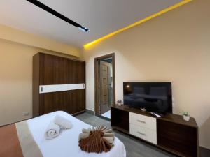 a bedroom with a bed and a flat screen tv at Pyramids Sunshine Hotel in Cairo