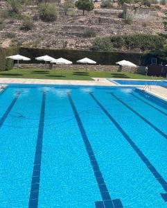 a large swimming pool with blue water and umbrellas at Ca Roc in Fatarella