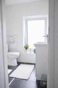 a white bathroom with a toilet and a sink at Studio Apartment 1- Komfort & Günstig in Berlin +19 photos