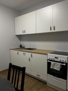 a kitchen with white cabinets and a stove at Kerulis Apartments in Vilnius