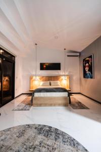 a bedroom with a bed and a tv on the wall at La Danta Lodge - Rio Celeste in Bijagua