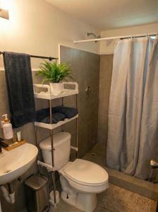 a bathroom with a toilet and a sink and a shower at Casa del Sol Bed and Breakfast in Contadora +56 photos