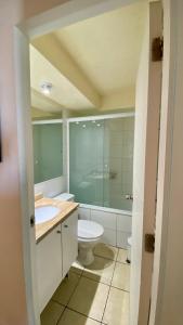 a bathroom with a toilet and a sink and a shower at Borde Costero in Valparaíso +7 photos
