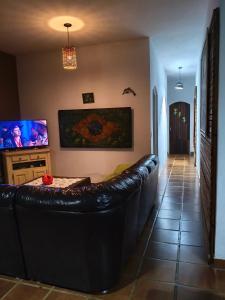 a living room with a leather couch and a tv at Chácara Palma in Ubatuba
