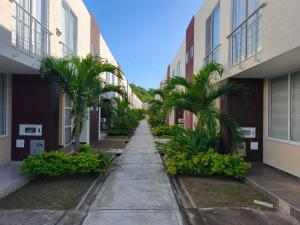 an alley between two buildings with palm trees at Casa de Verano Málaga Confort Sol y Piscina in Ricaurte