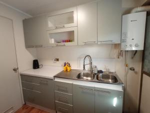 a kitchen with white cabinets and a sink at Casa Labranza estacionamiento 2 dormitorios amoblada Jorge Alessandri 0979 in Temuco