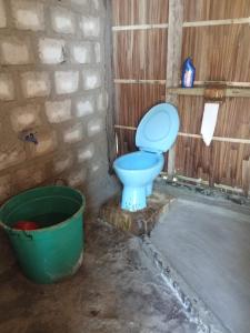 a bathroom with a blue toilet and a bucket at Yefkabu Homestay in Jef Tsiep