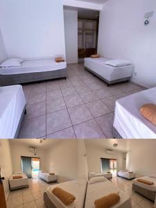 two images of a room with two beds in it at Pousada luz do Sol in Cacoal
