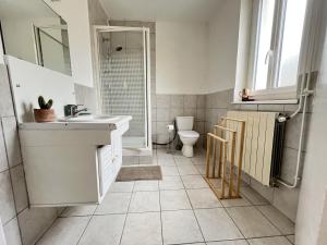 a bathroom with a sink and a shower and a toilet at La Estancia in Montsauche