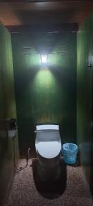 a bathroom with a toilet in a green wall at Mangrove House Lanta Old Town in Ko Lanta