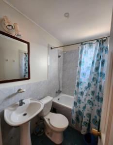 a bathroom with a sink and a toilet and a shower curtain at Algarrobo, house in a condominium in Algarrobo