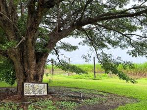 a sign sitting under a tree in a field at Feng Shui Sugarcane Cabin in Proserpine