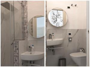 two pictures of a bathroom with two sinks and a mirror at AL78 guesthouse in Biella