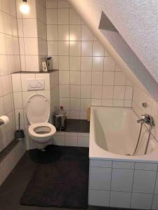 a bathroom with a toilet and a bath tub at notre petit paradis in Winnenden +15 photos