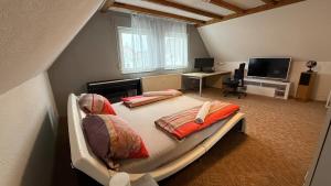 a bedroom with a large bed in a room at notre petit paradis in Winnenden
