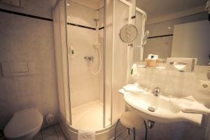 a bathroom with a shower and a sink and a toilet at Hotel Wilder Mann Annaberg-Buchholz in Annaberg-Buchholz +11 photos