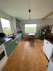 a kitchen with green cabinets and a wooden floor at The Greenhouse in Eggum +10 photos