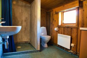 a bathroom with a toilet and a sink and a window at Sølvgarden Cottages in Rysstad