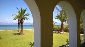 una casa con palmeras y vistas al océano en Irini Apartments and Studios, en Kavos