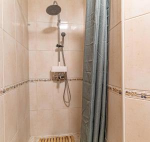a shower with a shower head and a shower curtain at El Nido Apartment in Acantilado de los Gigantes +17 photos