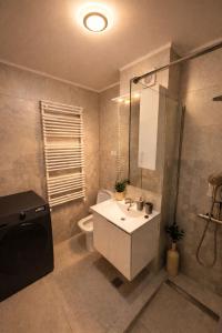 a bathroom with a white sink and a toilet at Olympus City Escape in Bucharest +10 photos