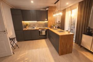 a kitchen with black cabinets and a wooden floor at Olympus City Escape in Bucharest