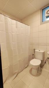 a bathroom with a toilet and a shower curtain at Al Khaleej Plaza Furnished Hotel Apartments in Ajman 