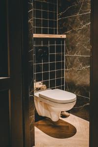 a bathroom with a toilet and a tiled wall at Hotel Centraal Baarlo in Baarlo +49 photos