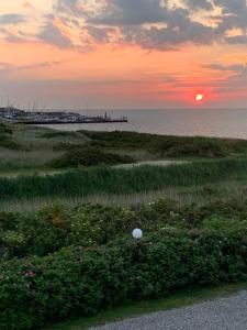 a sunset over a beach with a pier and flowers at Zur Mühle Munkmarsch in Sylt