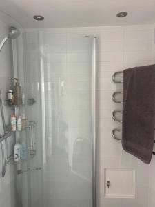 a shower with a glass door in a bathroom at Cosy guesthouse close to cities in Hjärup