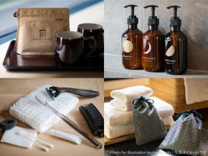 a collage of two pictures of towels and hair products at THE MACHIYA KAZAHAYA in Kyoto