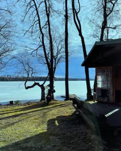 a house next to a body of water with trees at Saaramaa Camping in Kouvola