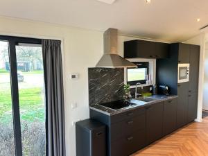 a kitchen with black cabinets and a counter top at Tiny House 'Het Chalet' in Berlicum