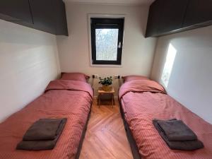 a bedroom with two beds and a window at Tiny House 'Het Chalet' in Berlicum