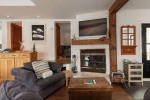 a living room with a couch and a fireplace at Waterfront & Nature - Chalet Lac Clair in Entrelacs