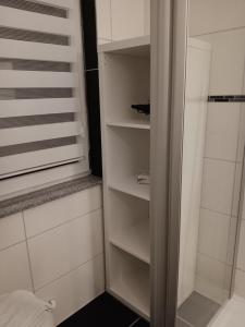 a walkin closet with white shelves in a bathroom at Ferienhaus by Rossano Boutique Hotel & Ristorante in Ansbach +24 photos