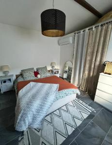 a bedroom with a bed with a red and blue blanket at Le Cocon de Laroque in Laroque
