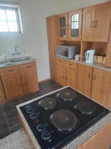 a stove top oven in a kitchen with wooden cabinets at 33 On Loop, Flat 2 in Ladybrand