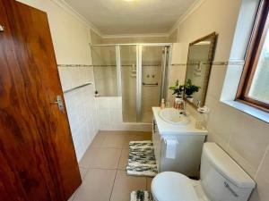 a bathroom with a toilet and a sink and a shower at Serenity in Fish Hoek +5 photos