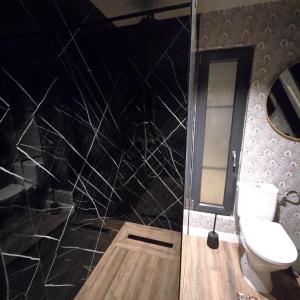 ein Badezimmer mit Toilette und Spiegel in der Unterkunft FreeDom Chalet in Verneşti