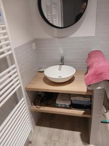 a bathroom with a sink and a mirror at Chezgege in Valloire +3 photos