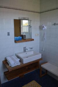 a bathroom with a sink and a mirror and a shower at Kastnerhof in Meltina +85 photos