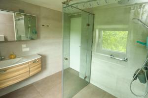 a bathroom with a glass shower and a sink at Winzerhaus am Eichberg in Leutschach
